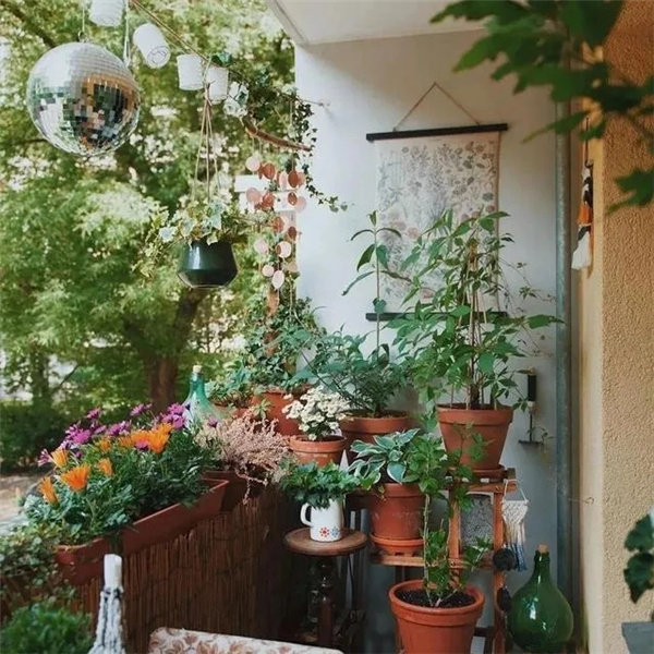 在阳台放上几盏绿植、几盆花朵