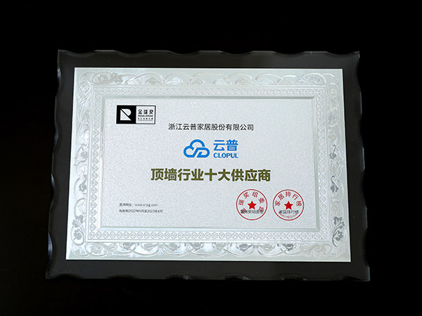 云普2022年度“顶墙行业十大供应商”奖牌