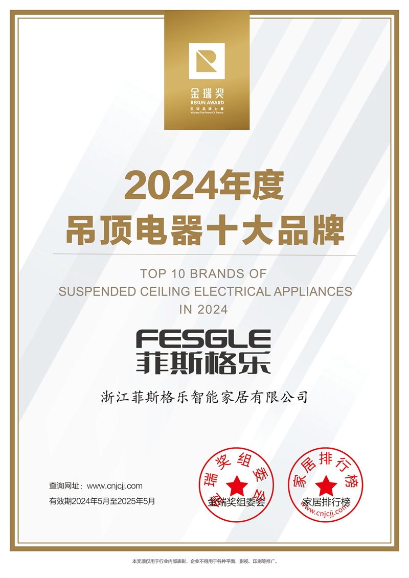 2024年度“吊顶电器十大品牌”证书