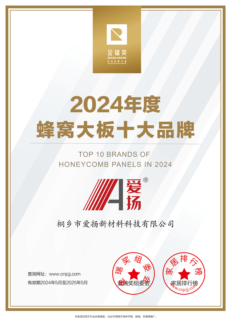 2024年度“蜂窝大板十大品牌”证书